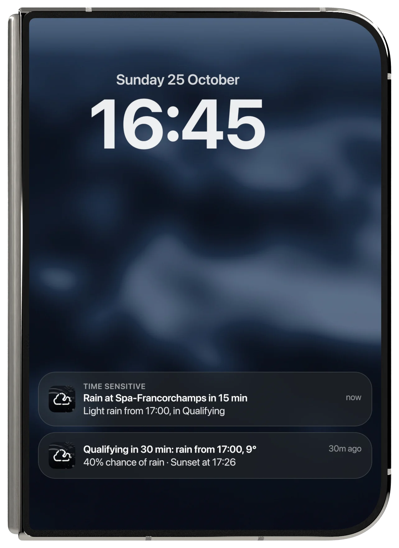 A folded iPhone Duo's outer screen with two trackweather alerts on the lock screen