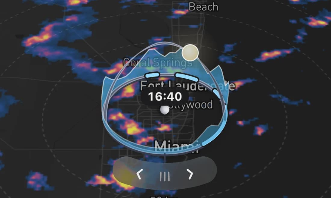 The radar map round Miami International Autodrome, a ring round the circuit and a shower due at 16:40